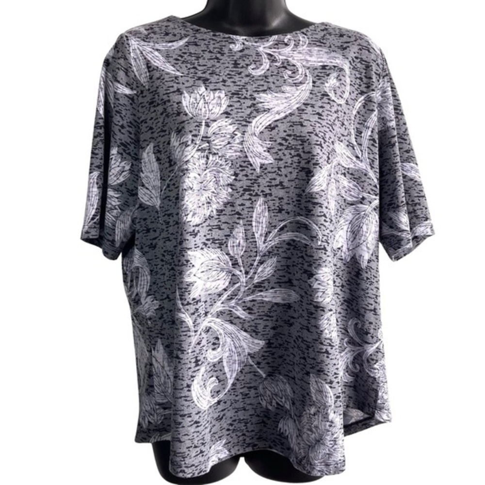 Christopher & Banks Circle Hem Black Gray Floral SzXL Short Sleeve Tee Shirt